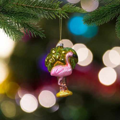 4" Pink Flamingo with Palm Tree Glass Christmas Ornament