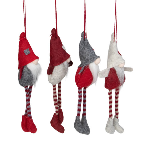 Set of 4 Red and Gray Plush Gnome Christmas Ornaments 9"