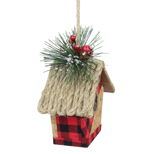 5.75" Red and Black Buffalo Plaid Hanging Bird House Christmas Ornament