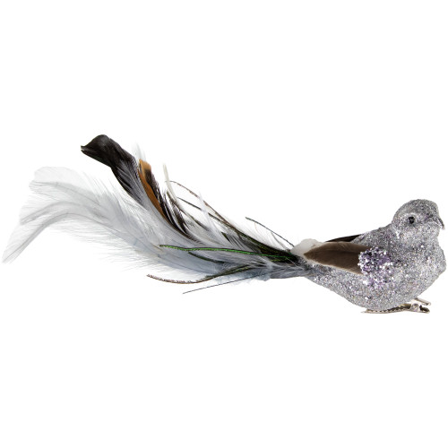 8" Silver Glitter Embellished Bird with Clip and Feathers Christmas Ornament