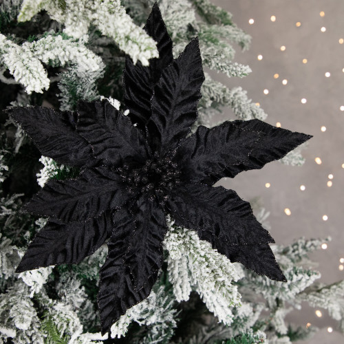 26" Black Glittered Poinsettia Christmas Stem Spray