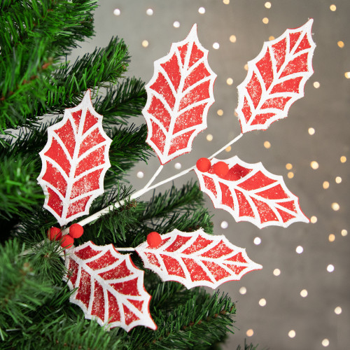 26" Red and White Frosted Holly Christmas Spray