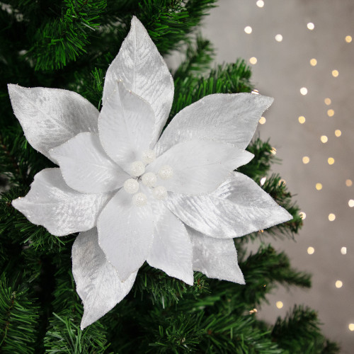 24" White Glittered Poinsettia Christmas Stem Spray