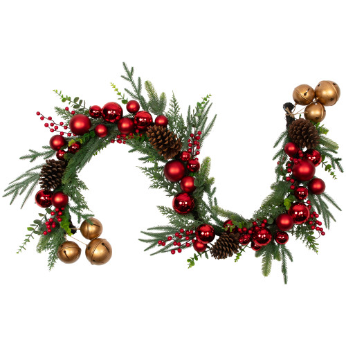 Mixed Foliage with Jingle Bells and Ornaments Artificial Christmas Garland - 6' x 8" - Unlit