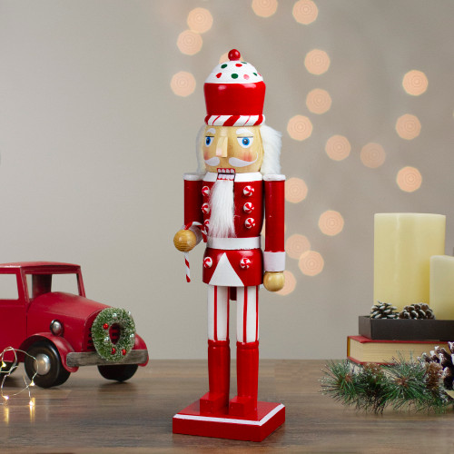 14" Red and White Wooden Candy Cane King Christmas Nutcracker