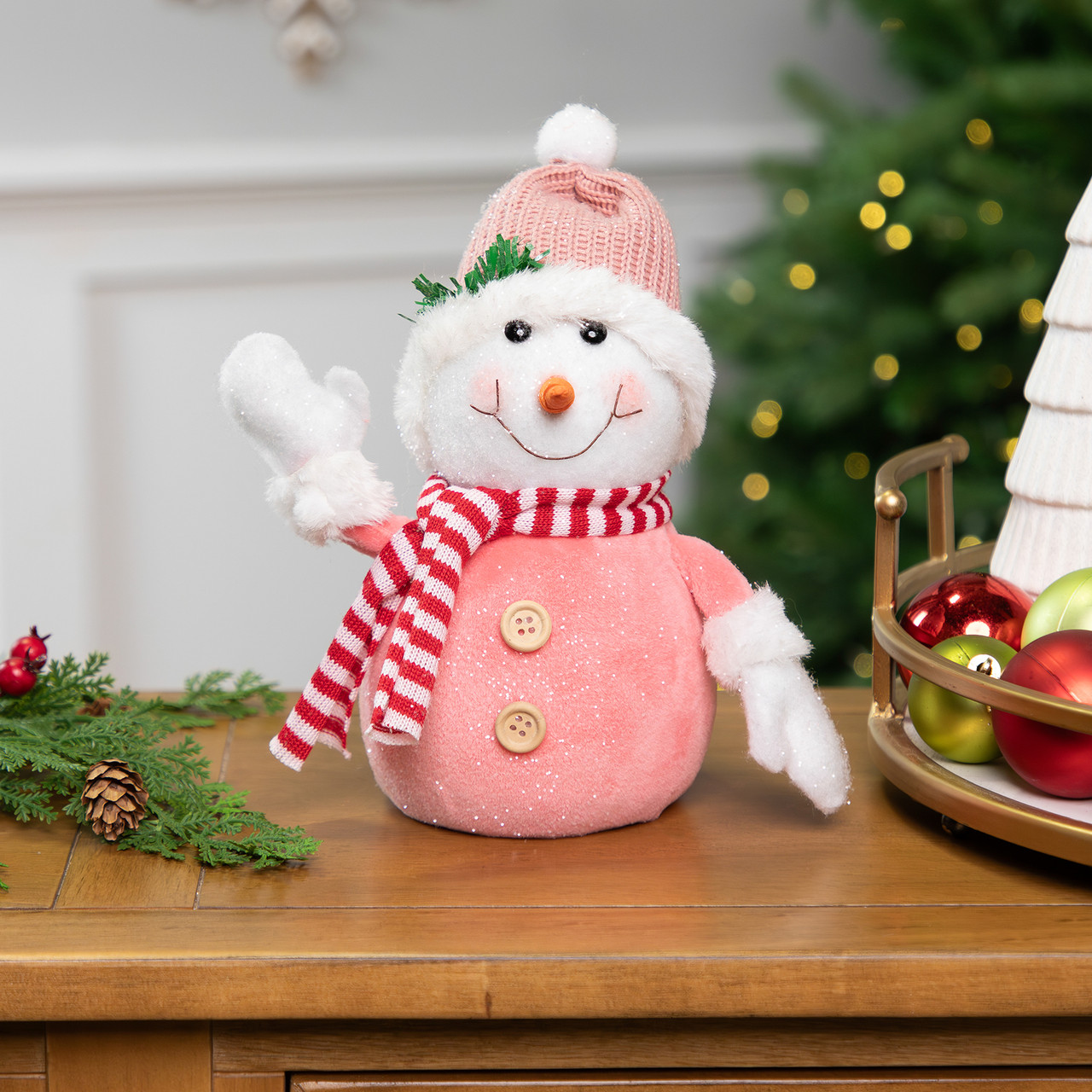 Glittered Snowman with Knitted Hat Christmas Figurine - 8.5"