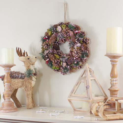 Green and Brown Frosted Pinecones and Bells Christmas Wreath - 13" Unlit