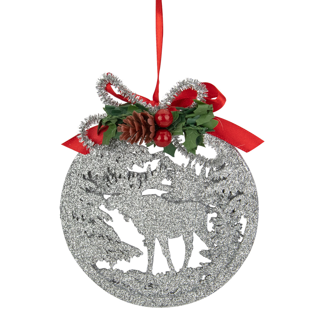 4.25" Silver Glitter Moose 2-D Cut-Out Silhouette Christmas Ornament