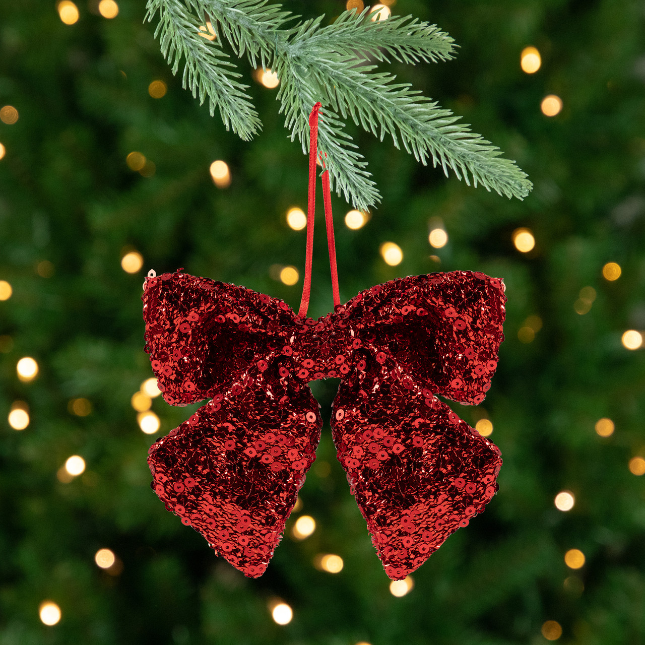 Shimmering Sequin Bow Christmas Hanging Ornament - 6" - Red