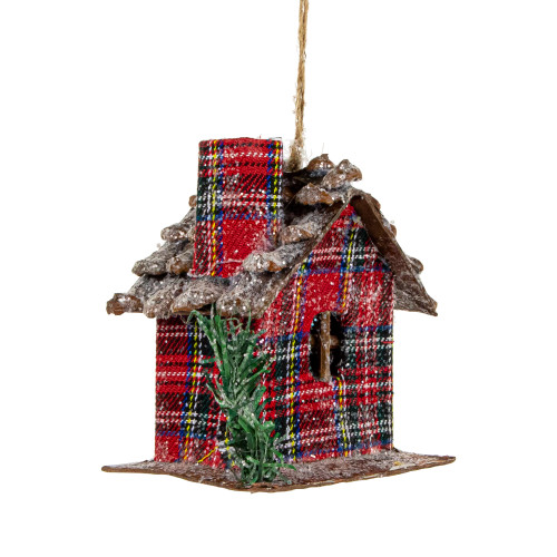 4.25" Red Plaid and Pine Needle Rustic Birdhouse Christmas Ornament