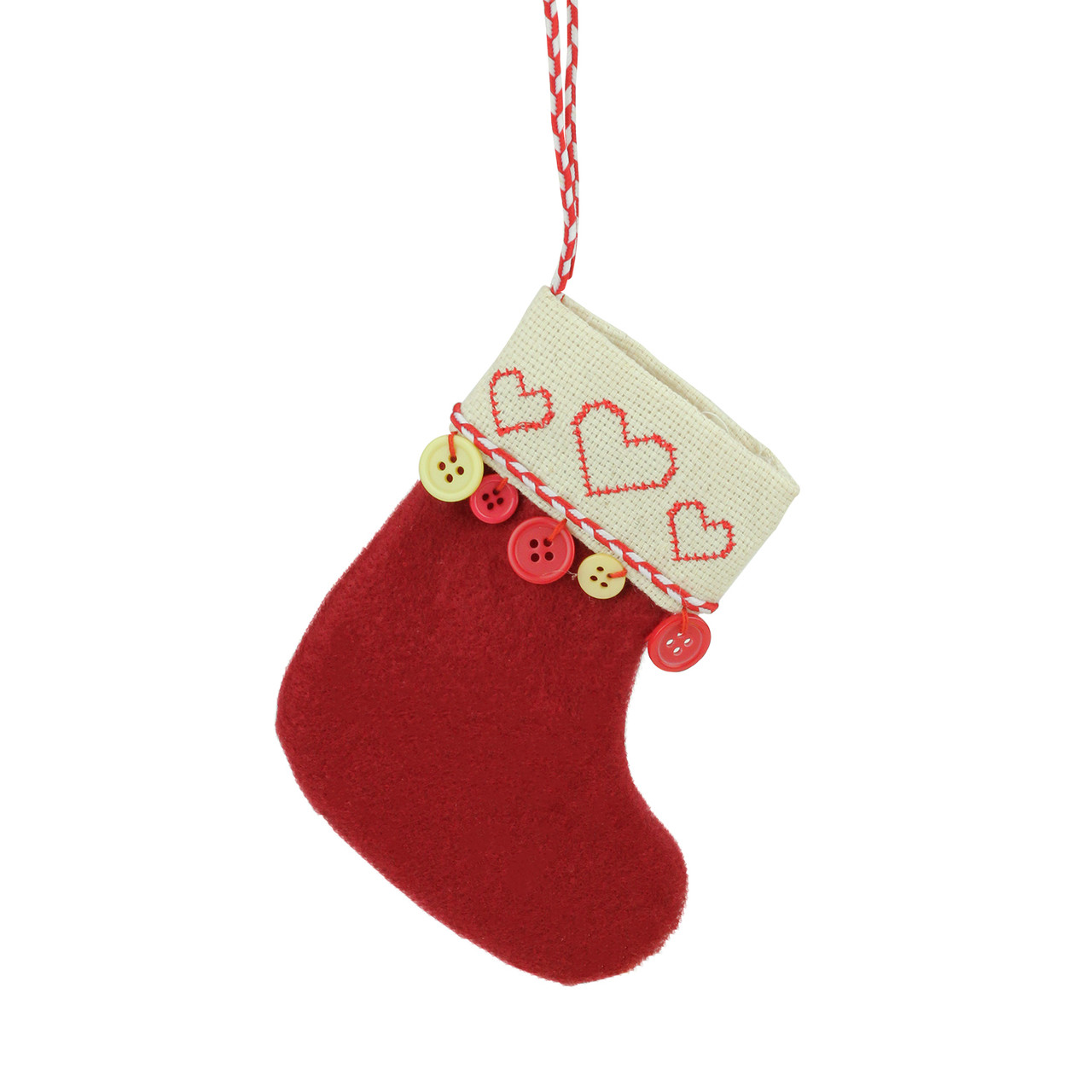 6.5" Red and Tan Embroidered Hearts and Buttons Christmas Stocking Ornament