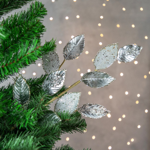 28" Platinum Silver and Icy Glitter Leaves Christmas Spray