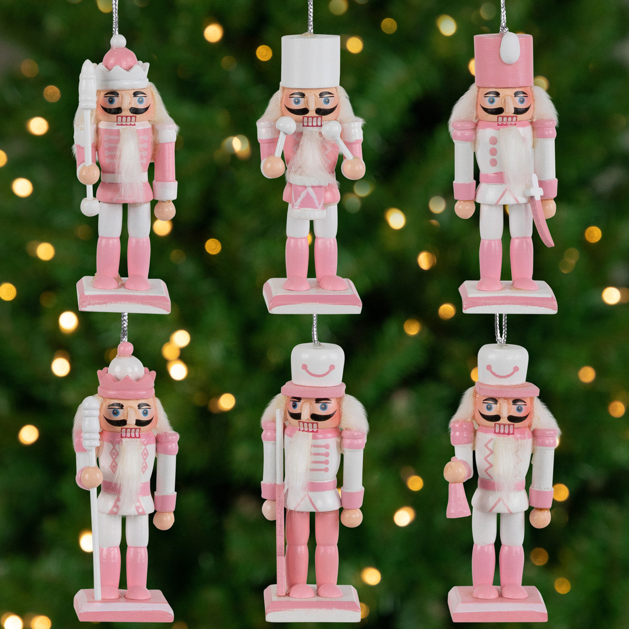 Nutcracker Soldier Christmas Ornaments - 3.25" - Pink and White - Set of 6