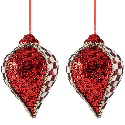 Sequined and Checkered Teardrop Christmas Ornaments - 4.75" - Red  - Set of 2