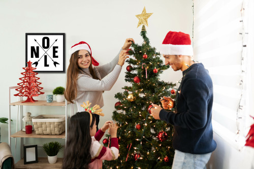 Noel Campsite Compass  15.5" x 15.5" Framed Christmas Wall Decor Art Print Sign Poster in a Black Wooden Frame with UV Acrylic and Hangers