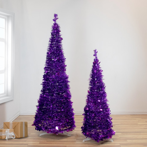 6' Purple Tinsel Pop-Up Artificial Christmas Tree, Unlit