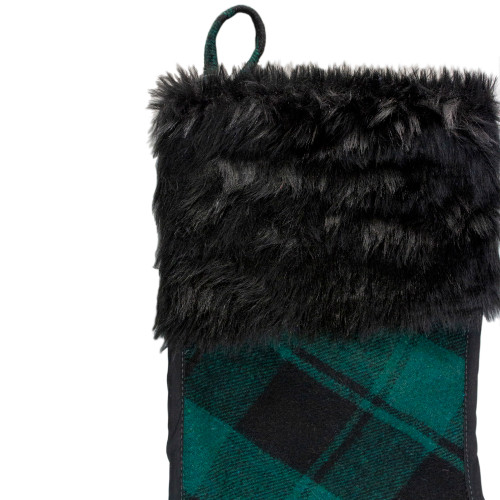 19" Green and Black Plaid Christmas Stocking with Faux Fur