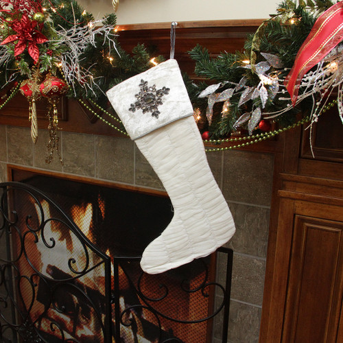 21" White Solid Quilted Christmas Stocking with Beads