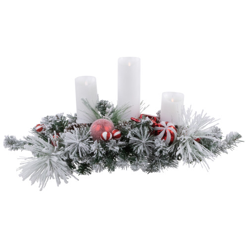 Triple Candle Holder with Flocked Pine and Christmas Ornaments - 32" - Red and White