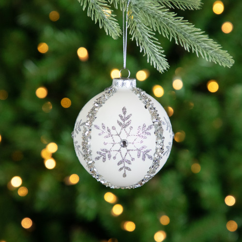 Set of 2 Matte White Sequin Glitter Snowflake Glass Christmas Ornaments 4"