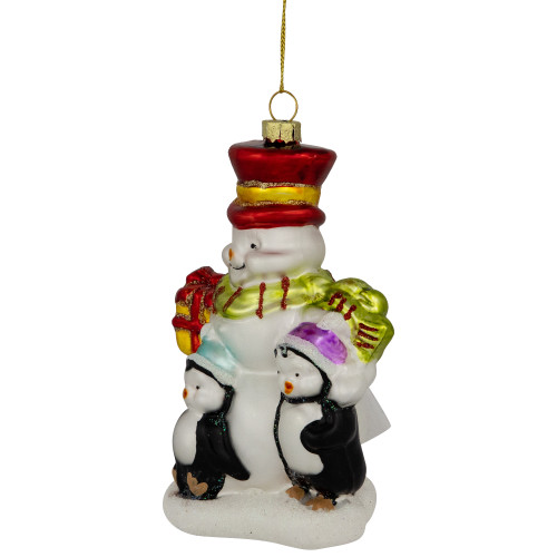 5.25" Snowman and Penguins Hanging Glass Christmas Ornament