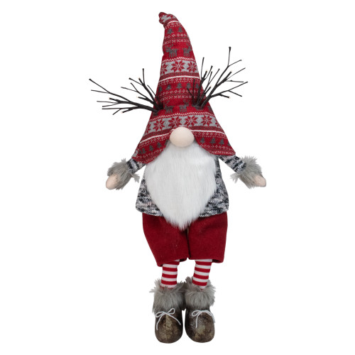 LED Lighted Antlers Fair Isle Sitting Gnome Christmas Figure - 30" - Red and Gray