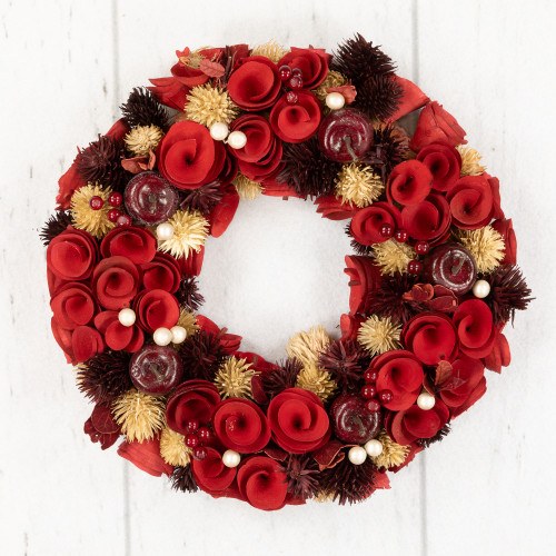 Wooden Roses, Apples and Pearls Artificial Christmas Wreath - 13" - Unlit - Red
