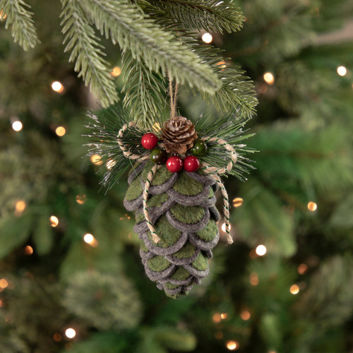 6" Green Felt Pine Cone with Berries Christmas Ornament