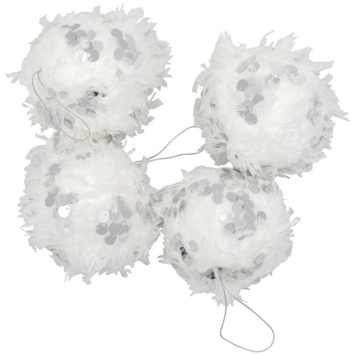 Feather Ball with Large Sequins Christmas Ornaments - 3.5" - White - Set of 4