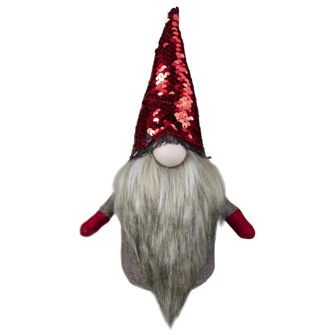 Gnome with Beard and Flip Sequin Hat Christmas Figure - 9" - Red and Gray