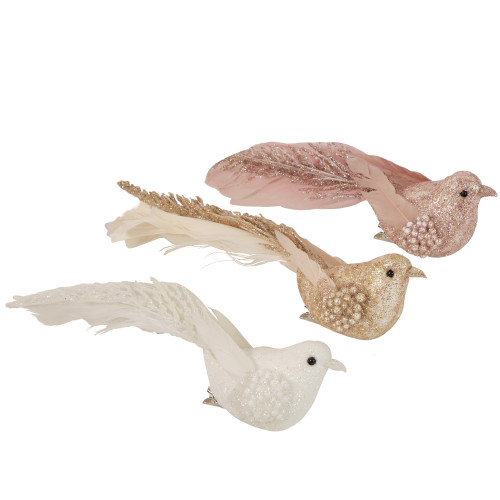 Glittered Bird Christmas Clip-on Ornaments - 6.5" - Pink and Champagne - Set of 3