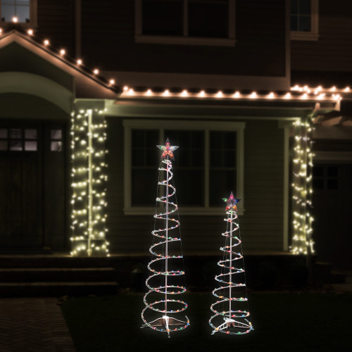 Set of 2 Lighted Multi-Color Outdoor Spiral Christmas Cone Trees 4', 6'