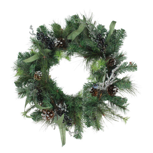 24" Mixed Pine with Blueberries Pine Cones and Ice Twigs Artificial Christmas Wreath - Unlit