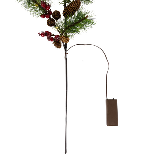 Lighted Pinecone, Berry and Pine Christmas Spray - 27" - Warm White