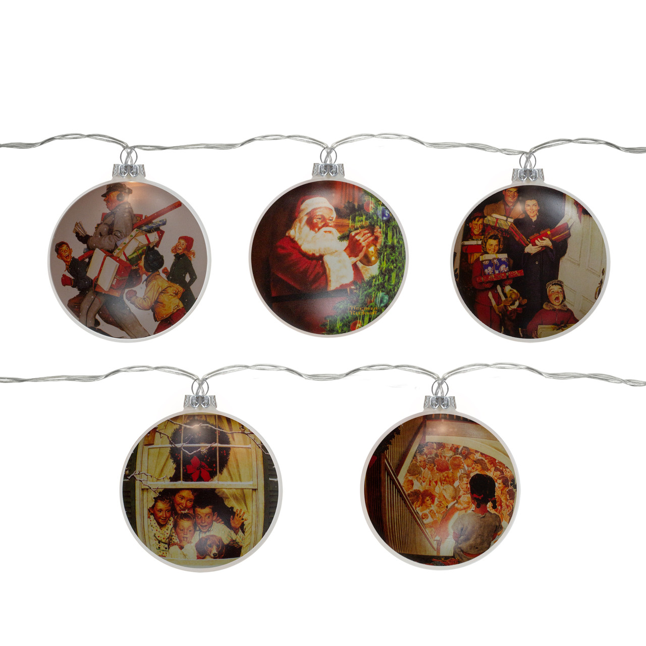 Set of 5 Norman Rockwell Glass Christmas Disc Lights