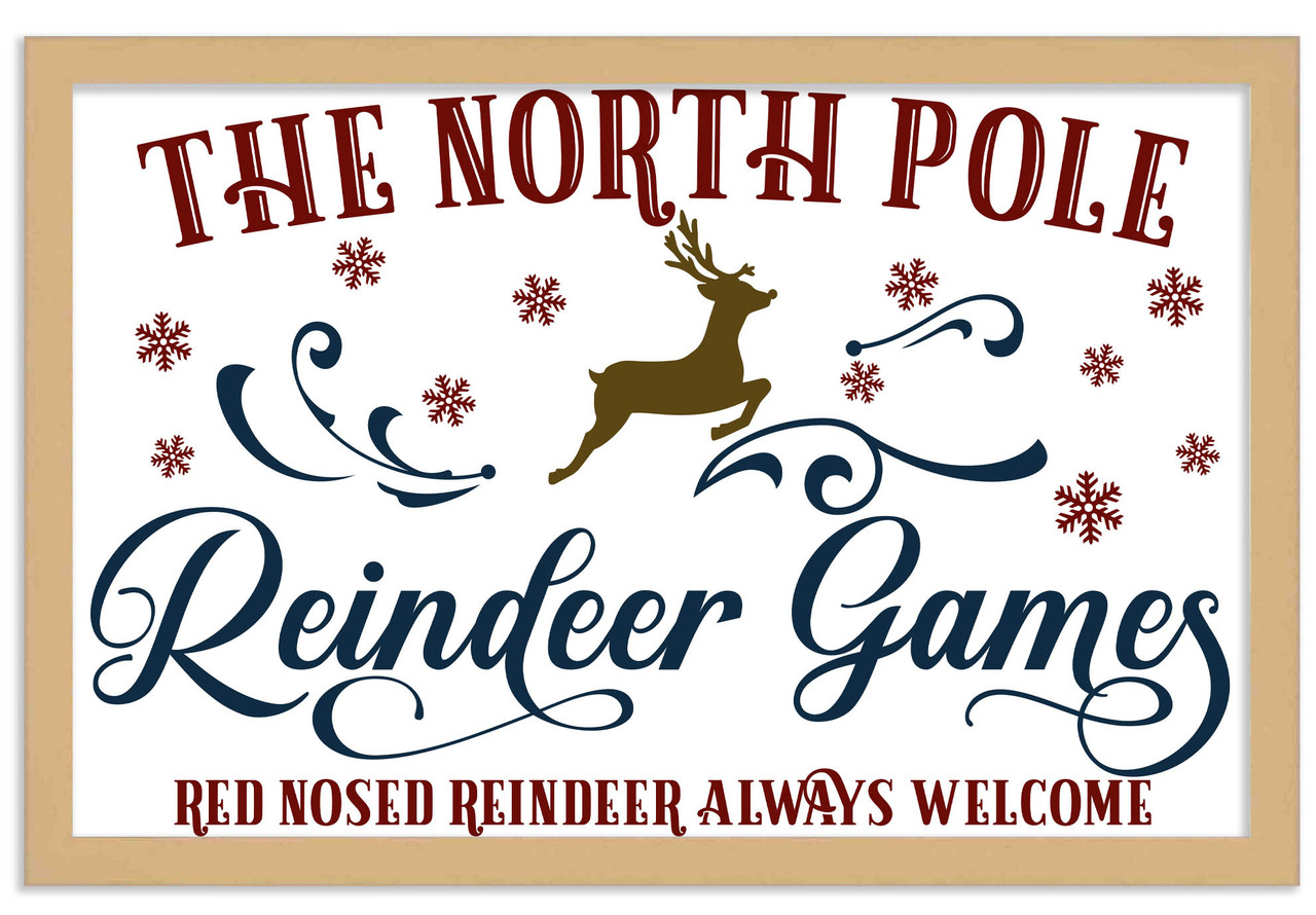 The North Pole Reindeer Games 14.5" x 21.5" Framed Christmas Wall Decor Art Print Sign Poster in a Natural Wooden Frame with UV Acrylic and Hangers