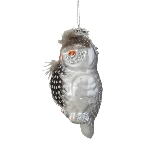 5" Silver and Brown Glass Snow Owl Christmas Ornament