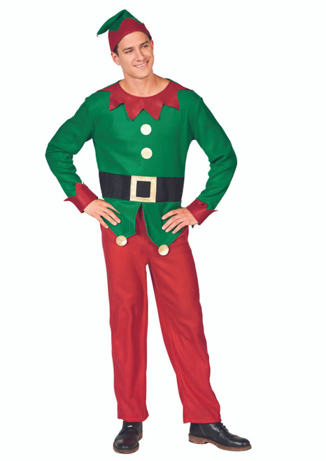 40" Red and Green Men's Elf Costume With a Christmas Santa Hat - Standard Size