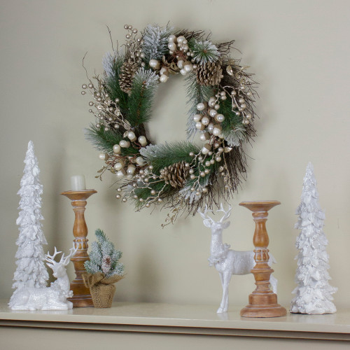 Acorn and Pine Cone Flocked Pine Needle Artificial Christmas Wreath - 22" - Unlit