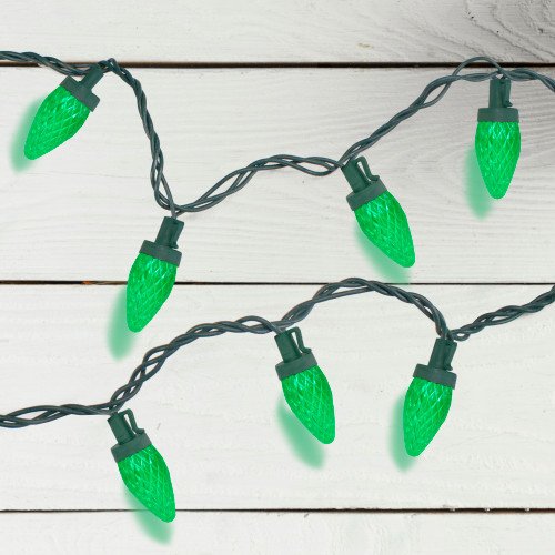 50 Count Green LED C7 Faceted Christmas Lights, 20.25 ft Green Wire