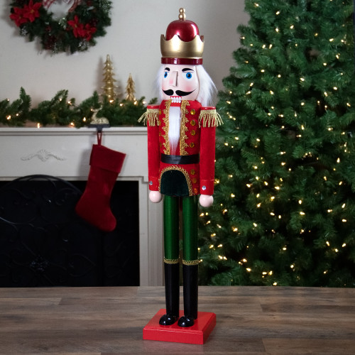 35.5" Red and Green Velvet Wooden Christmas Nutcracker King