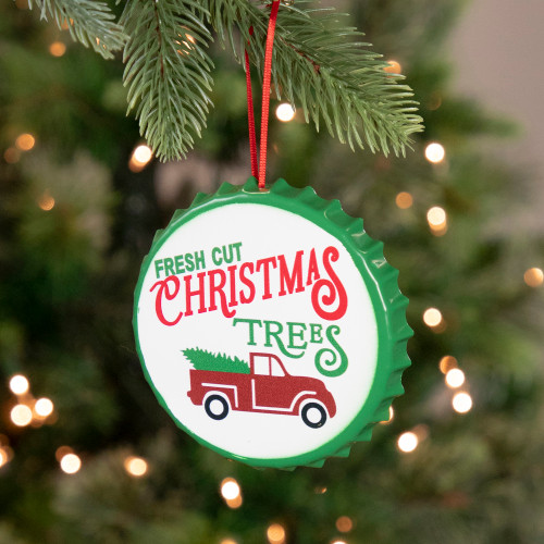 4" White Iron Cap "Fresh Cut Christmas Tress" With a Vintage Truck Ornament