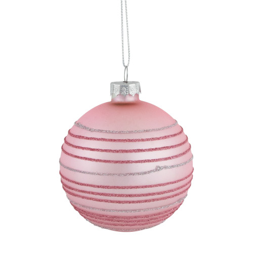 Set of 4 Pink Glitter Striped Glass Christmas Ball Ornaments 3" (80mm)