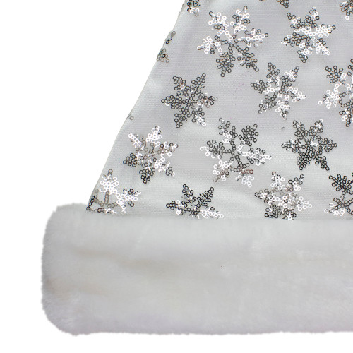 21" Silver and White Sequin Snowflake Christmas Santa Hat Costume Accessory - Medium