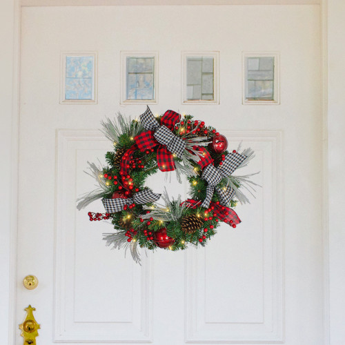Pre-Lit Plaid and Houndstooth Artificial Christmas Wreath - 24" - Warm White Lights