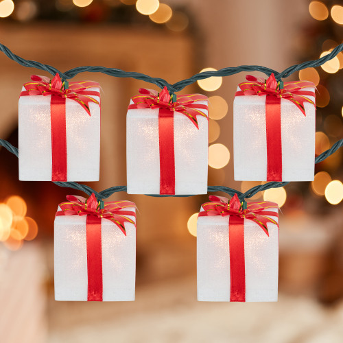 10-Count White and Red Christmas Present Light Set- 7.5ft, Green Wire