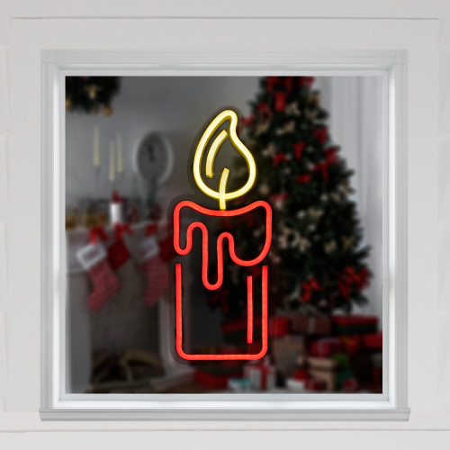 12" Red LED Lighted Neon Style Red Candle Christmas Window Silhouette