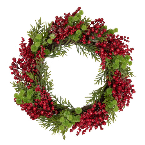 Red Berry and Frosted Pine Christmas Wreath, 28-Inch, Unlit