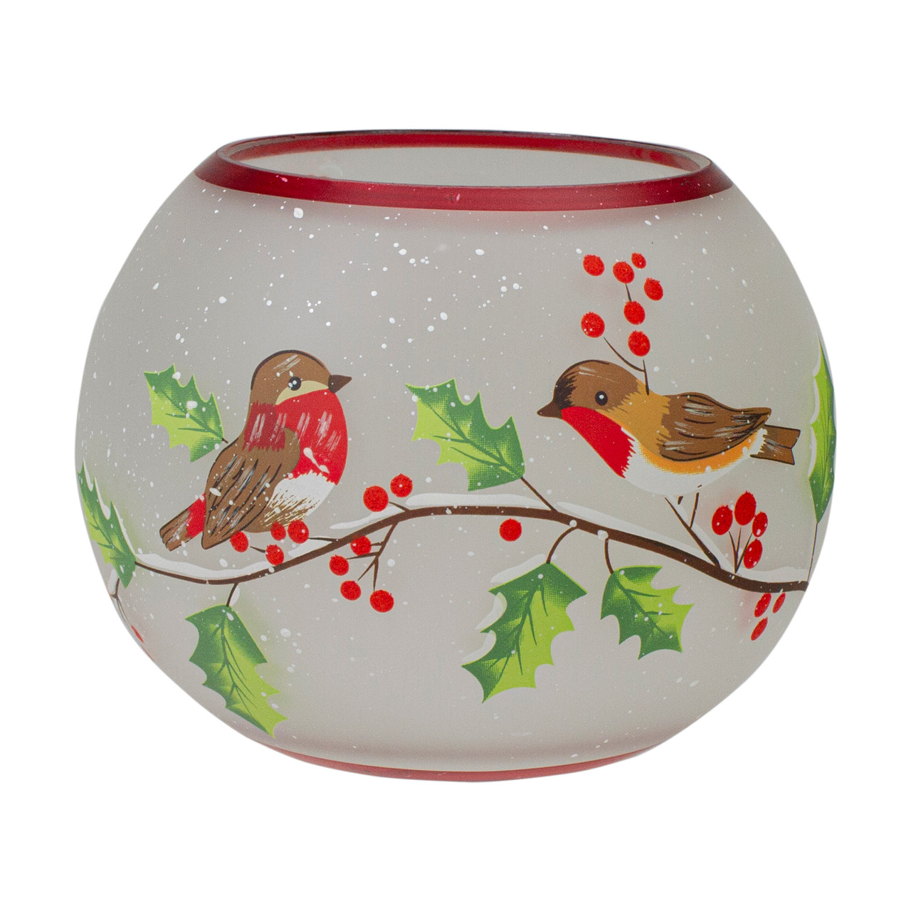 5-Inch Hand Painted Finches and Pine Flameless Glass Candle Holder