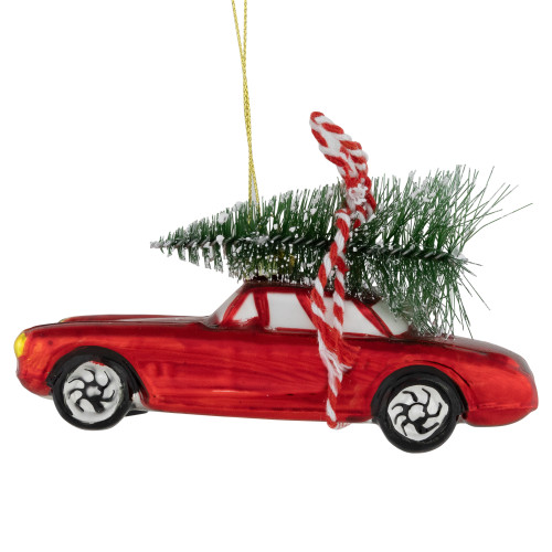 5" Red Vintage Car with Christmas Tree Glass Ornament